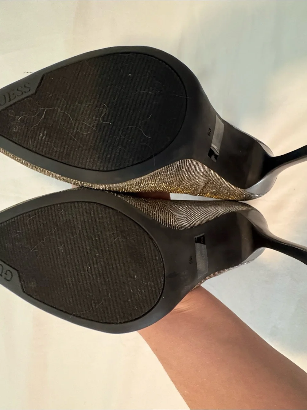 Guess Pointed Toe Glitter Pumps in Metallic Gold and Charcoal with Leopard Spots
